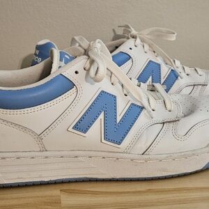 New Balance Men's Size 13 White Leather Sneakers with Baby Blue